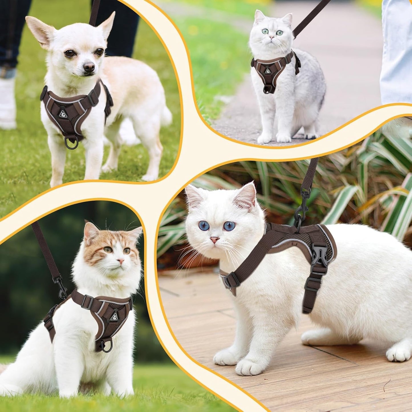 Cat Harness and Lead Set, Escape Proof Kitten Harness with Cat Lead Adjustable Vest Harnes S with Reflective Stripe Soft Breathable for Cats Puppies Pets Walking Travel (Coffee, M)