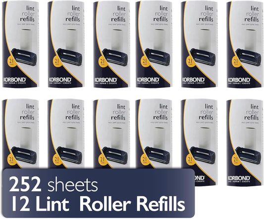 12 Pack of Lint Roller Refills - 252 Pre-Cut Sticky Sheets - for ALL Fabric Types - Lint Rollers, Pet Hair Remover, Lint Roller Refills, Dog and Cat Hair Remover, Lint Removers for Clothes