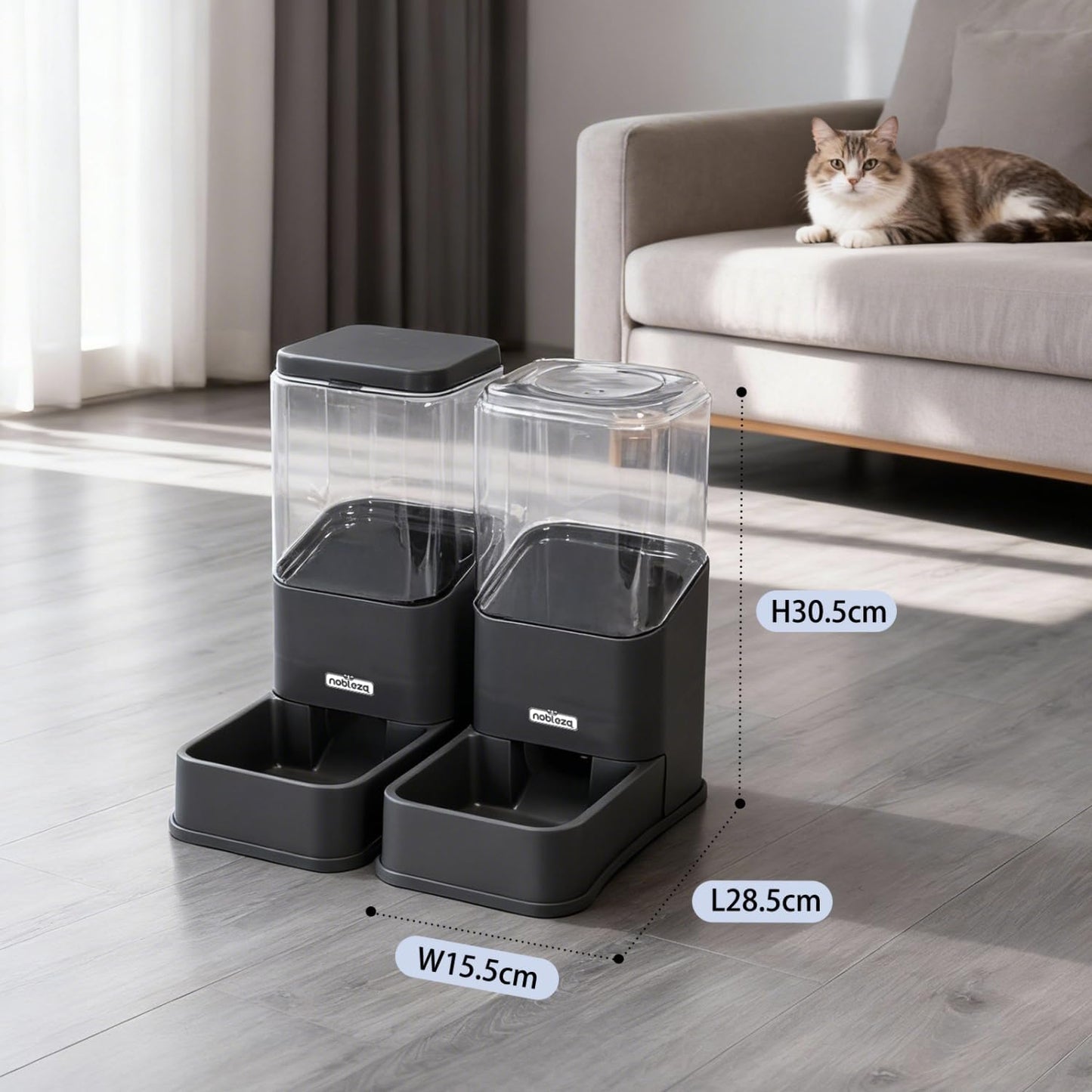 Automatic Dog Cat Food Feeder and Waterer Set, 3.8 L Dog Cat Water and Food Dispenser, Automatic Pet Water Dispenser Pet Feeder for Small Medium Dogs, Puppy and Cats, 2 Packs, Dark Grey