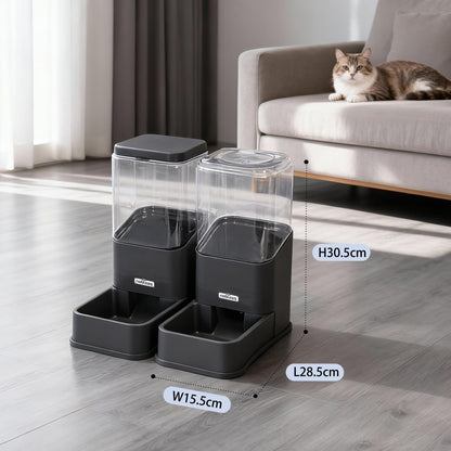Automatic Dog Cat Food Feeder and Waterer Set, 3.8 L Dog Cat Water and Food Dispenser, Automatic Pet Water Dispenser Pet Feeder for Small Medium Dogs, Puppy and Cats, 2 Packs, Dark Grey