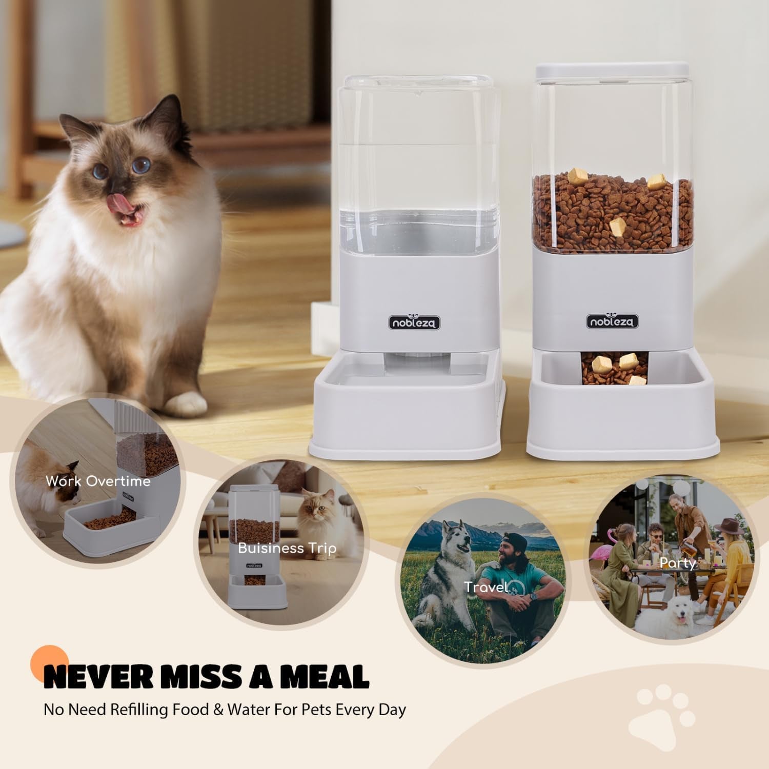Automatic Dog Cat Food Feeder and Waterer Set, 3.8 L Dog Cat Water and Food Dispenser, Automatic Pet Water Dispenser Pet Feeder for Small Medium Dogs, Puppy and Cats, 2 Packs, Grey
