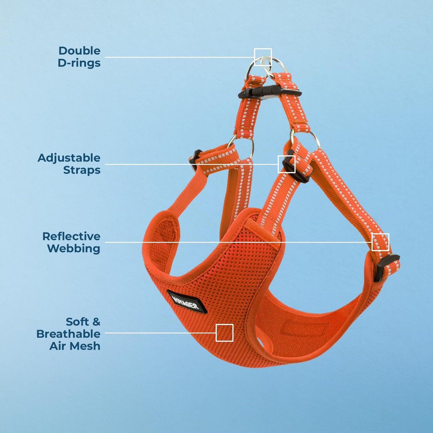 Voyager by - Fully Adjustable Step-In Mesh Harness with Reflective 3M Piping - Orange (Matching Trim), Medium