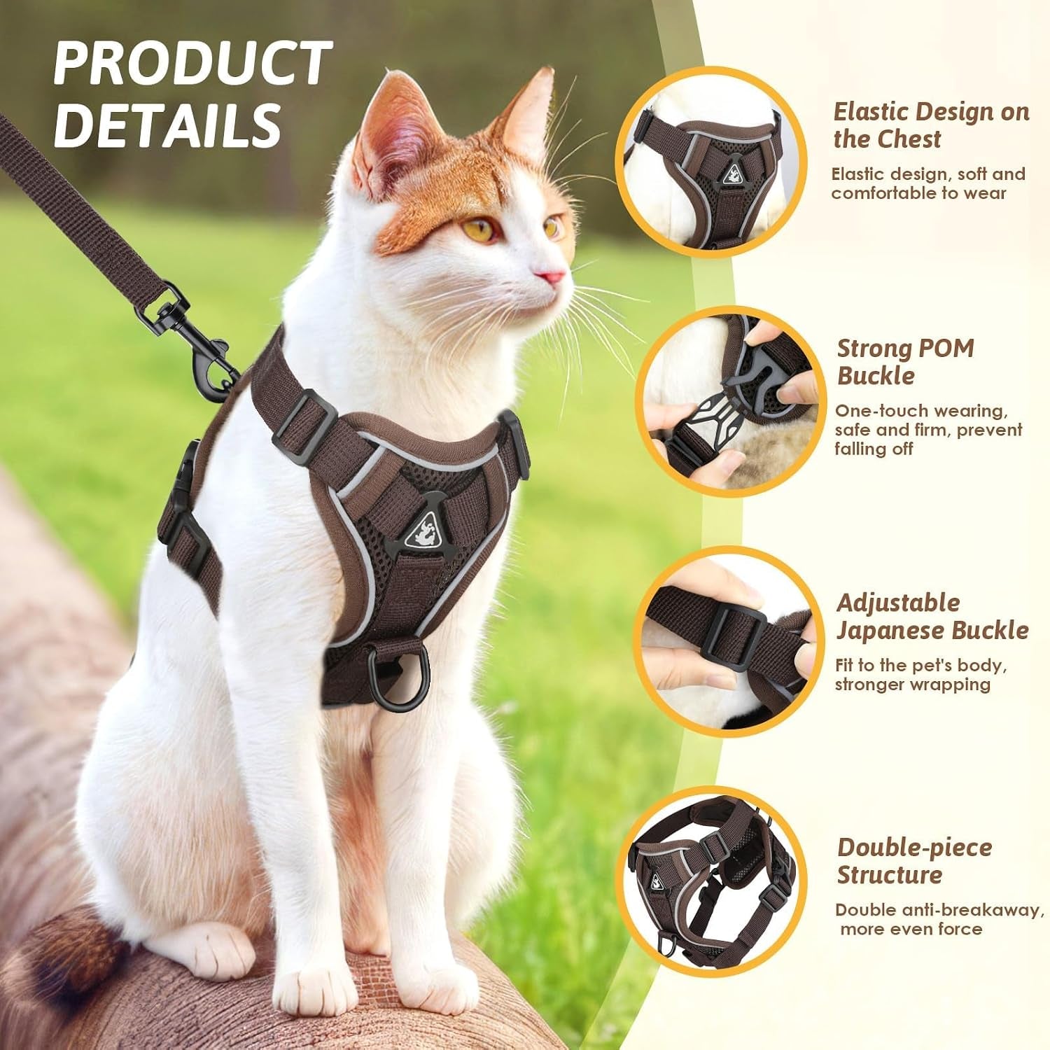 Cat Harness and Lead Set, Escape Proof Kitten Harness with Cat Lead Adjustable Vest Harnes S with Reflective Stripe Soft Breathable for Cats Puppies Pets Walking Travel (Coffee, M)