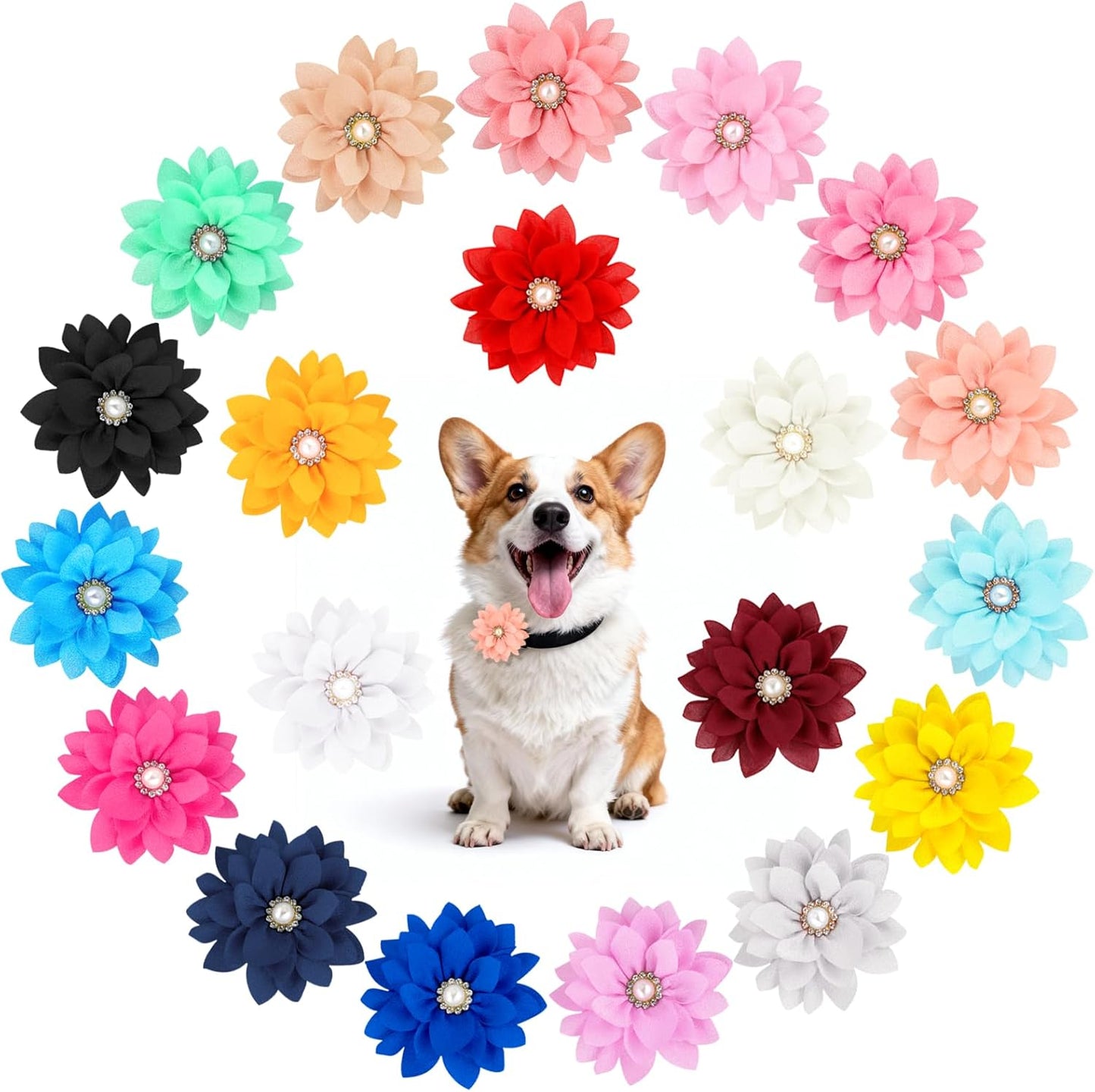 20 Pcs Dog Flower Collar Accessory, Multi-Colour Pet Collar Flower with Pearl Soft Chiffon Dog Bow Tie for Cat Puppy Grooming Decorations (20 Colours)