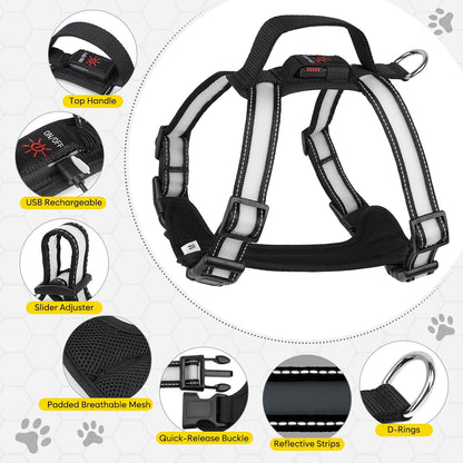 Rechargeable LED Dog Harness – Multi-Color Light up Glow Dark Vest with Reflective Strips, Waterproof Adjustable Soft Mesh Safety Harness for Small Medium Large Dogs Night Walking-Extra Large