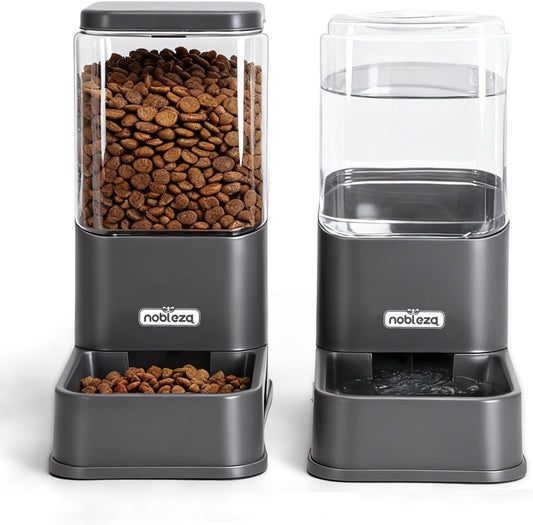 Automatic Dog Cat Food Feeder and Waterer Set, 3.8 L Dog Cat Water and Food Dispenser, Automatic Pet Water Dispenser Pet Feeder for Small Medium Dogs, Puppy and Cats, 2 Packs, Dark Grey