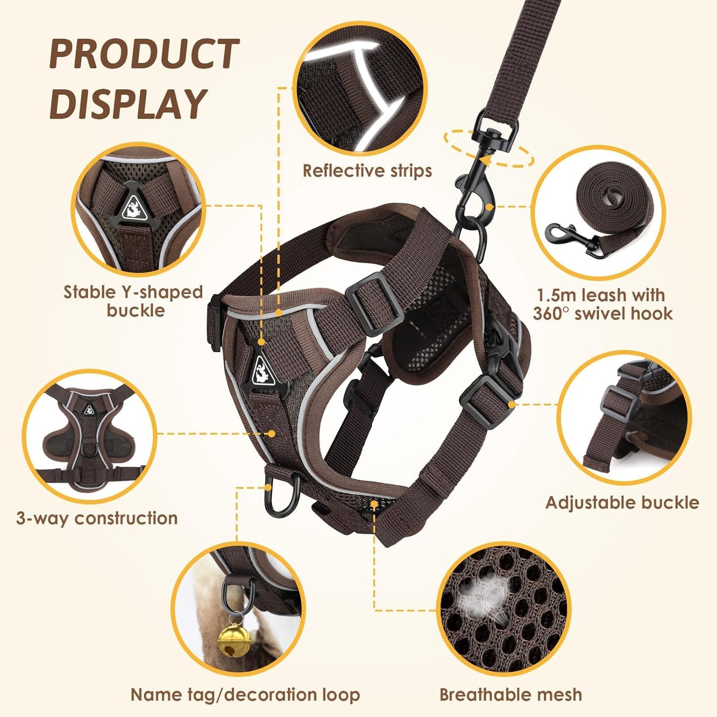 Cat Harness and Lead Set, Escape Proof Kitten Harness with Cat Lead Adjustable Vest Harnes S with Reflective Stripe Soft Breathable for Cats Puppies Pets Walking Travel (Coffee, M)