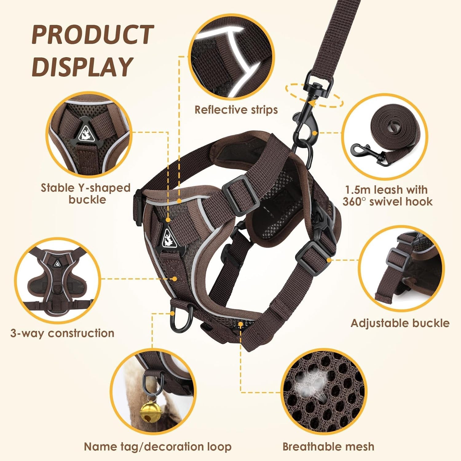 Cat Harness and Lead Set, Escape Proof Kitten Harness with Cat Lead Adjustable Vest Harnes S with Reflective Stripe Soft Breathable for Cats Puppies Pets Walking Travel (Coffee, M)