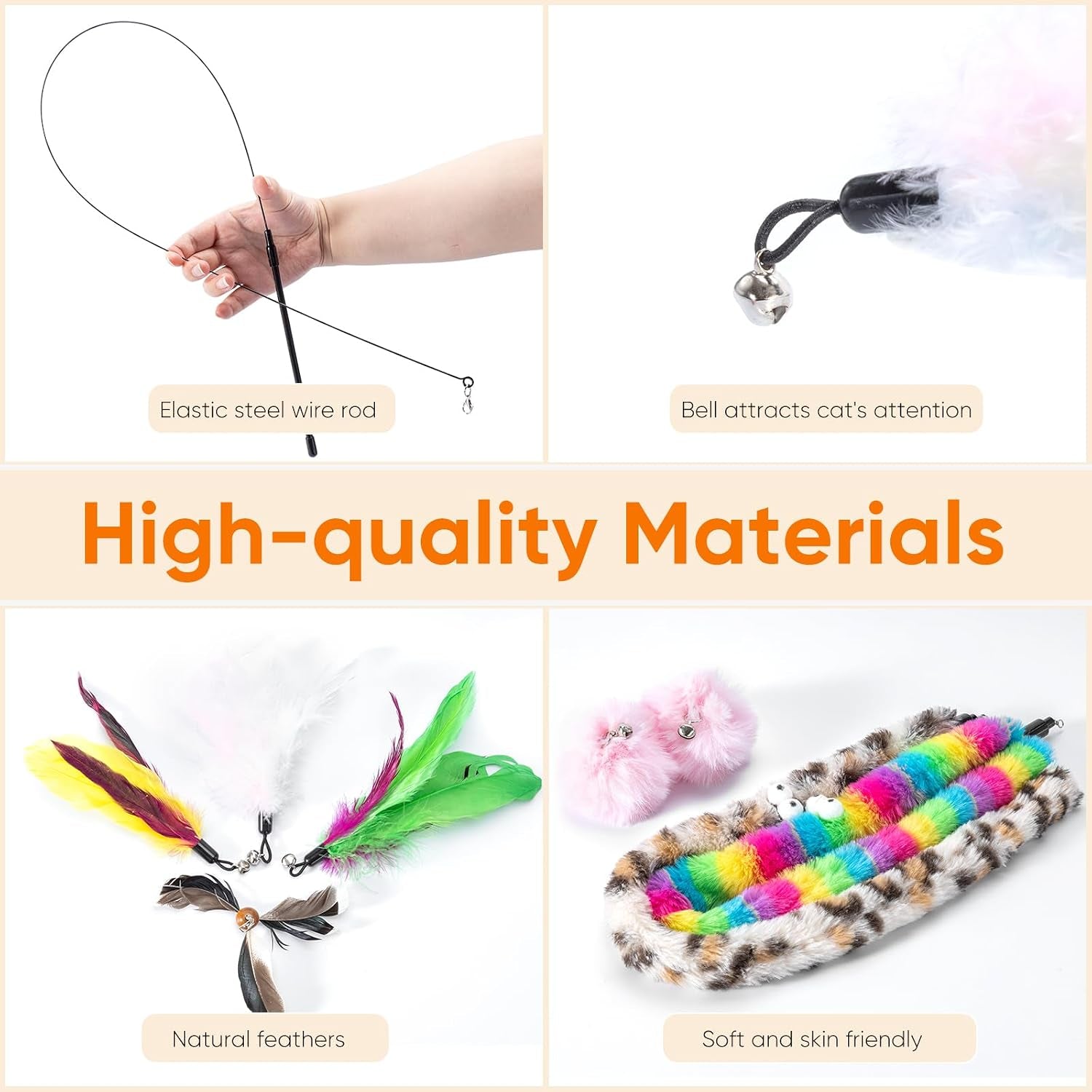 12PCS Interactive Cat Toys, Cat Feather Toy, 4-In-1 Cat Teaser Wand with Bells and Feather, for Indoor Cats Adult & Kitten