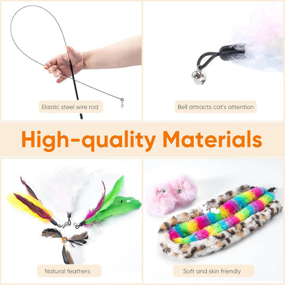 12PCS Interactive Cat Toys, Cat Feather Toy, 4-In-1 Cat Teaser Wand with Bells and Feather, for Indoor Cats Adult & Kitten