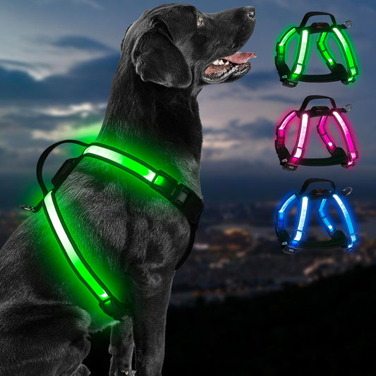 Rechargeable LED Dog Harness – Multi-Color Light up Glow Dark Vest with Reflective Strips, Waterproof Adjustable Soft Mesh Safety Harness for Small Medium Large Dogs Night Walking-Extra Large