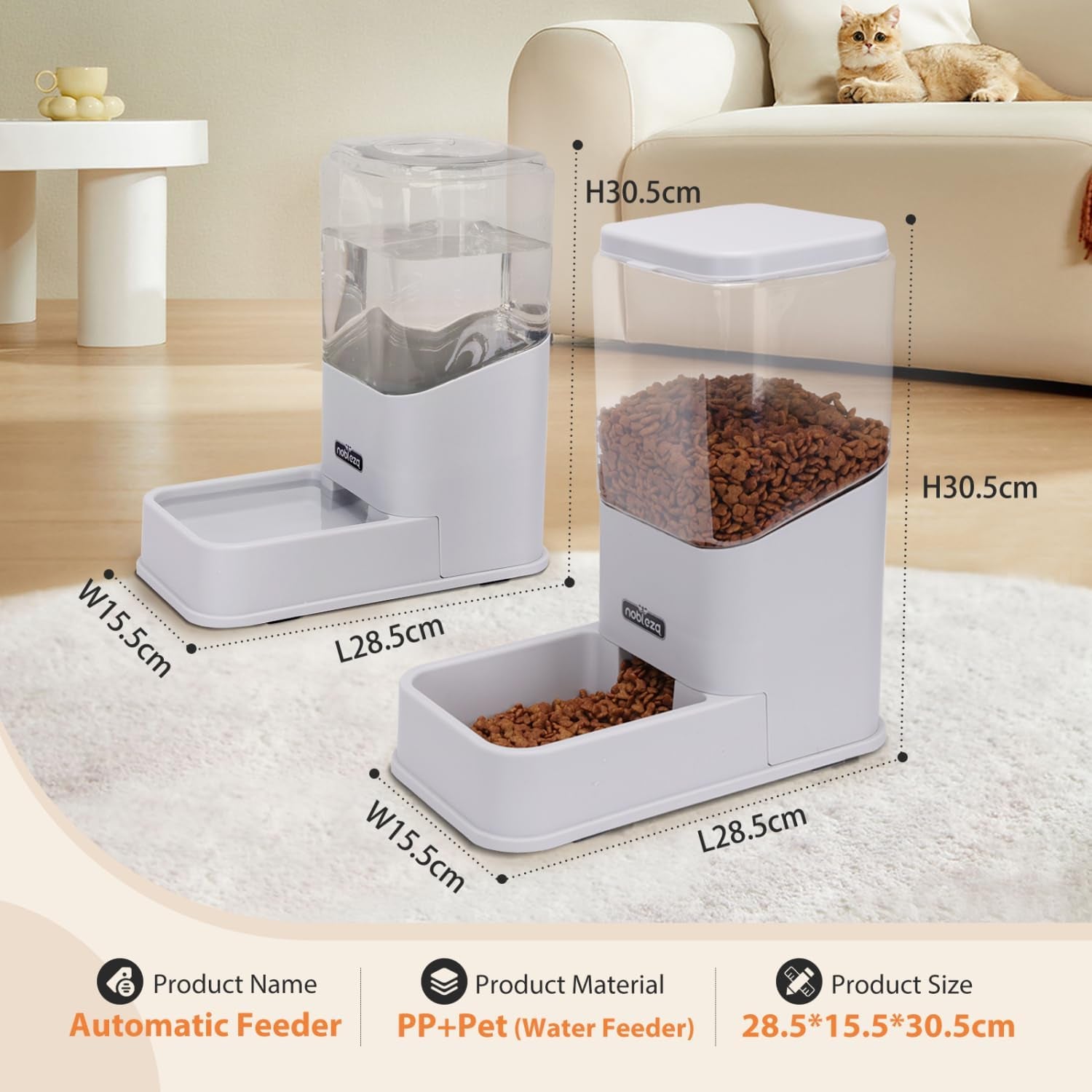 Automatic Dog Cat Food Feeder and Waterer Set, 3.8 L Dog Cat Water and Food Dispenser, Automatic Pet Water Dispenser Pet Feeder for Small Medium Dogs, Puppy and Cats, 2 Packs, Grey
