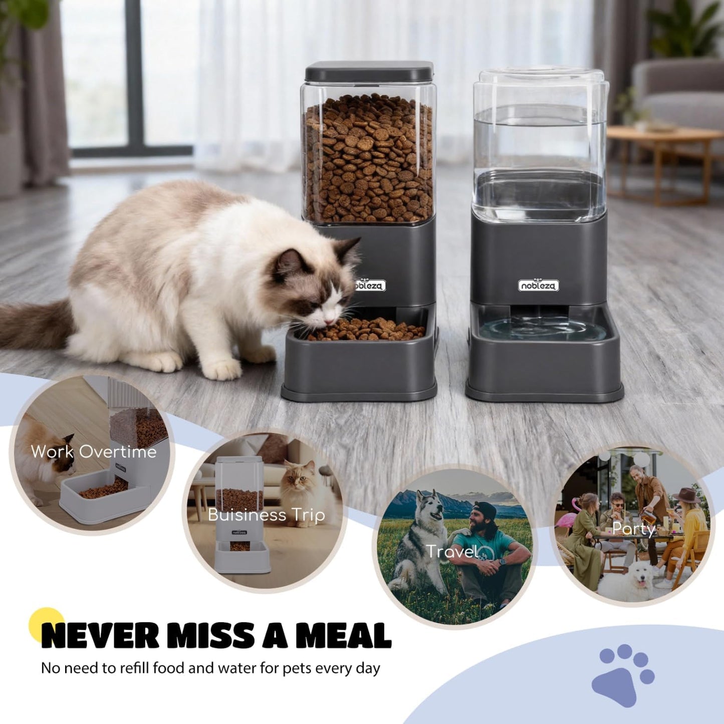 Automatic Dog Cat Food Feeder and Waterer Set, 3.8 L Dog Cat Water and Food Dispenser, Automatic Pet Water Dispenser Pet Feeder for Small Medium Dogs, Puppy and Cats, 2 Packs, Dark Grey