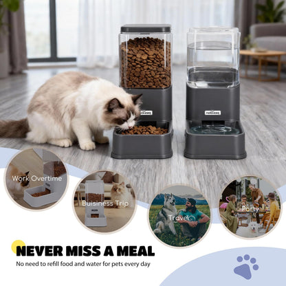 Automatic Dog Cat Food Feeder and Waterer Set, 3.8 L Dog Cat Water and Food Dispenser, Automatic Pet Water Dispenser Pet Feeder for Small Medium Dogs, Puppy and Cats, 2 Packs, Dark Grey