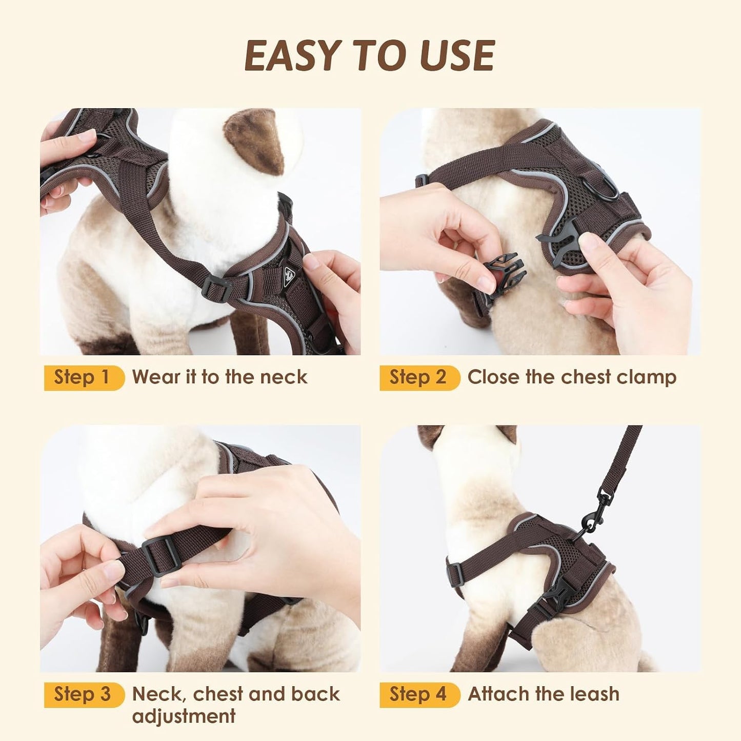 Cat Harness and Lead Set, Escape Proof Kitten Harness with Cat Lead Adjustable Vest Harnes S with Reflective Stripe Soft Breathable for Cats Puppies Pets Walking Travel (Coffee, M)