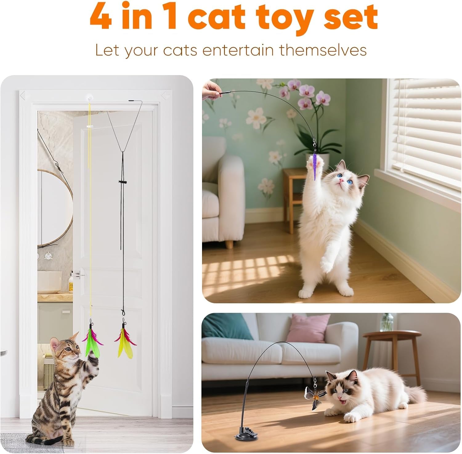 12PCS Interactive Cat Toys, Cat Feather Toy, 4-In-1 Cat Teaser Wand with Bells and Feather, for Indoor Cats Adult & Kitten