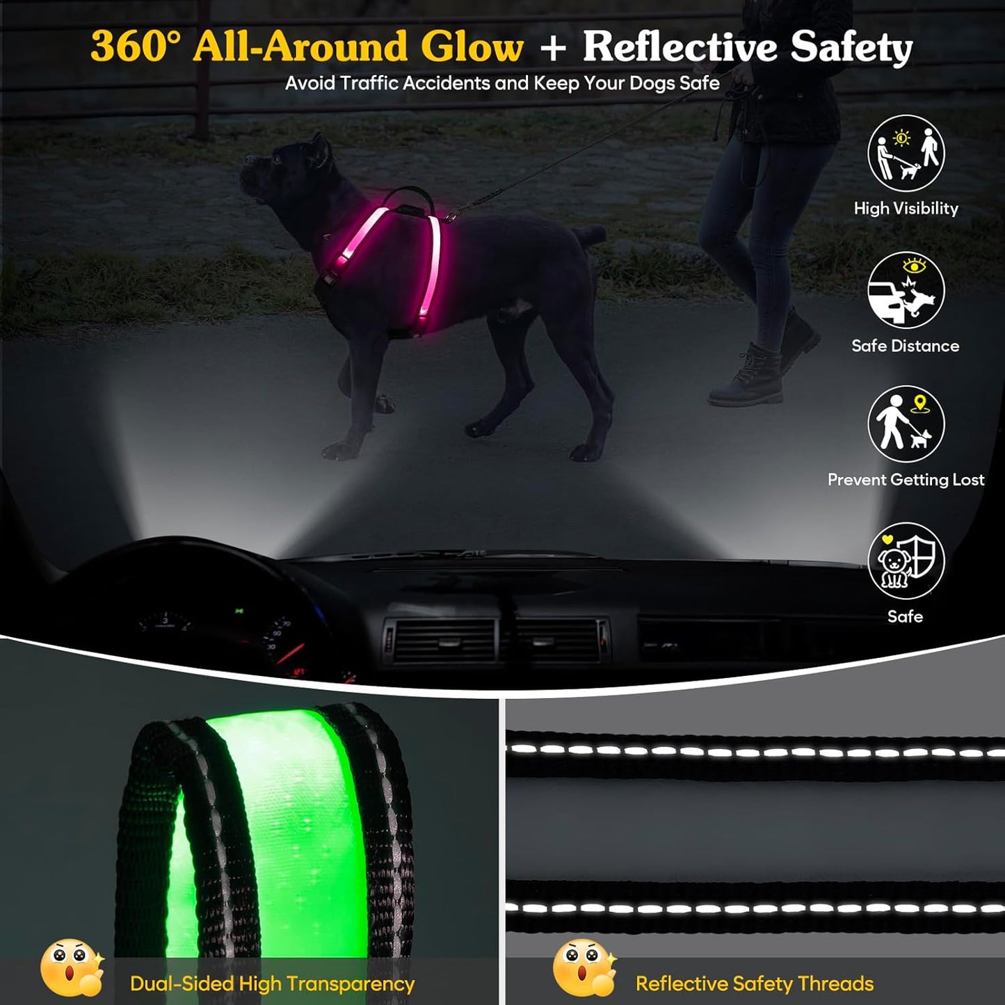 Rechargeable LED Dog Harness – Multi-Color Light up Glow Dark Vest with Reflective Strips, Waterproof Adjustable Soft Mesh Safety Harness for Small Medium Large Dogs Night Walking-Extra Large